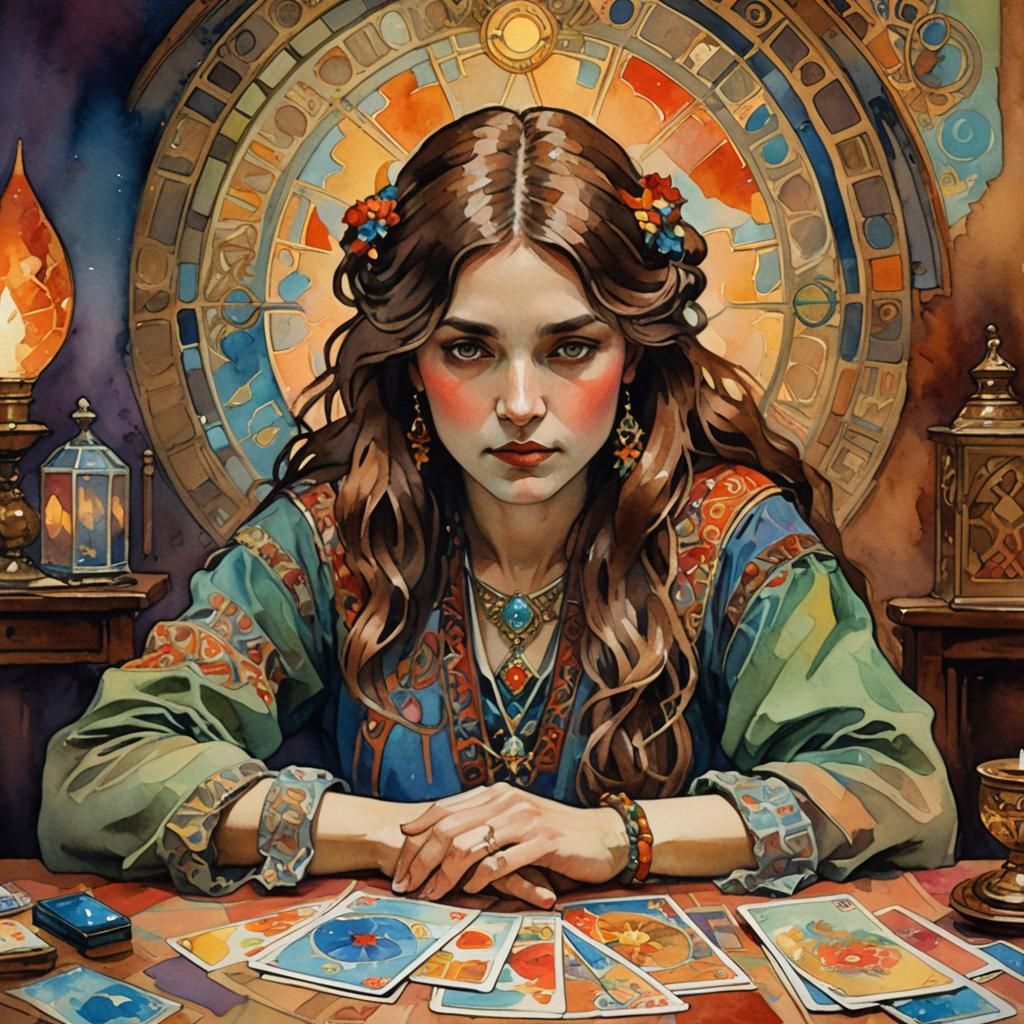 Fauvist Tarot Reader in Dimly Lit Room