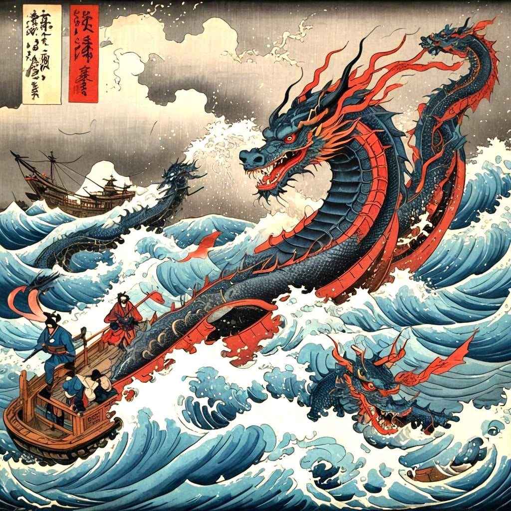 Samurai Warriors Fight Sea Dragon in Ukiyo-e Style