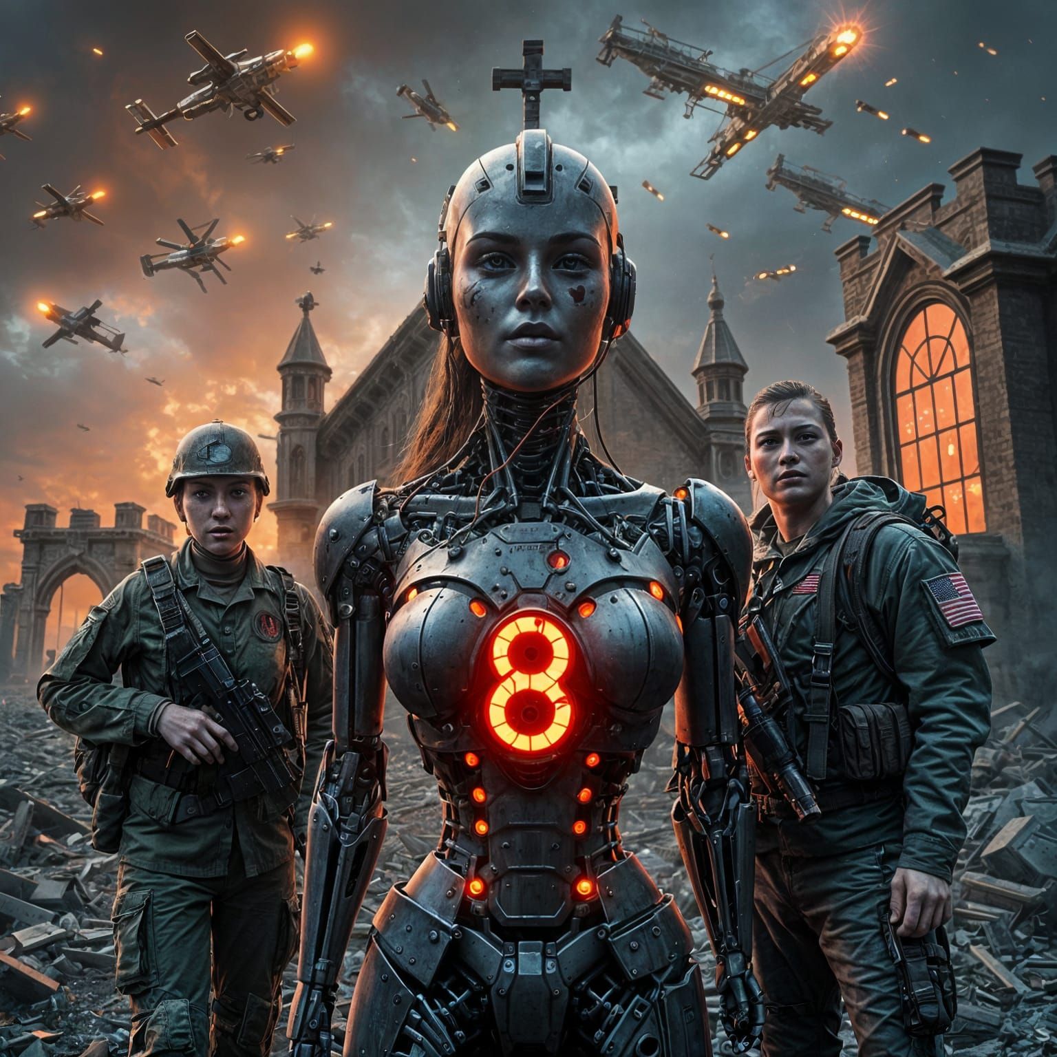 Cyberpunk Battle Bots in Wartorn Landscape