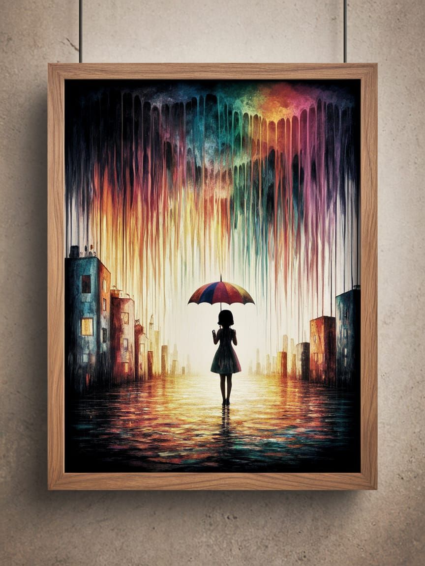 Girl Under Surreal Rain in a Dreamlike Dali Painting