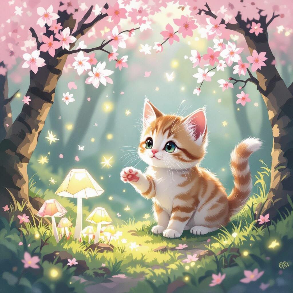Kitten's Glowing Grove: A Japanese-Style Origami Dream