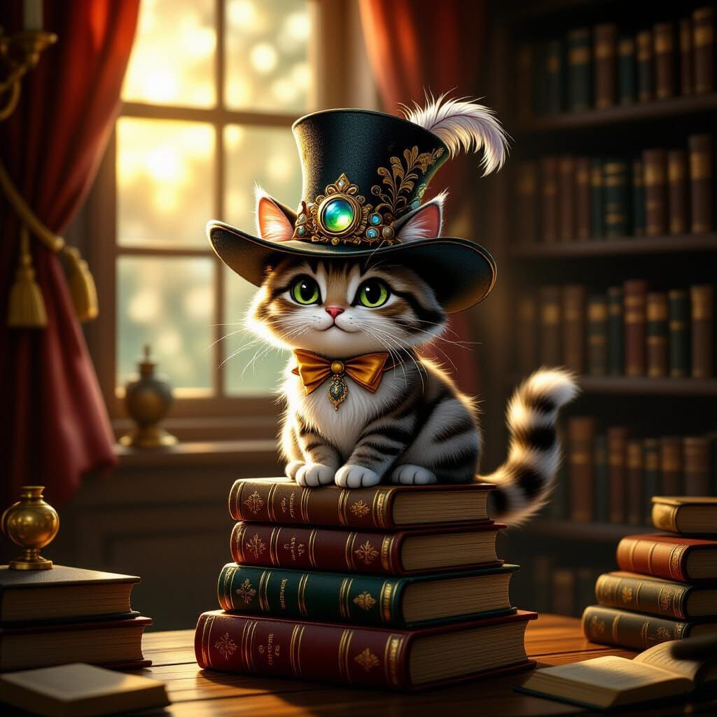 Whimsical Cat on Books in Golden Hour Library