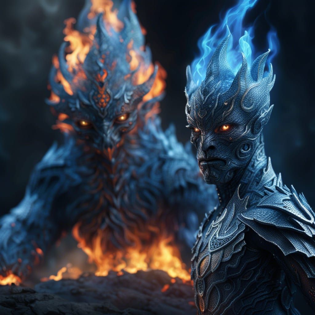 Silver and Blue Fire Elemental in Digital Painting Style