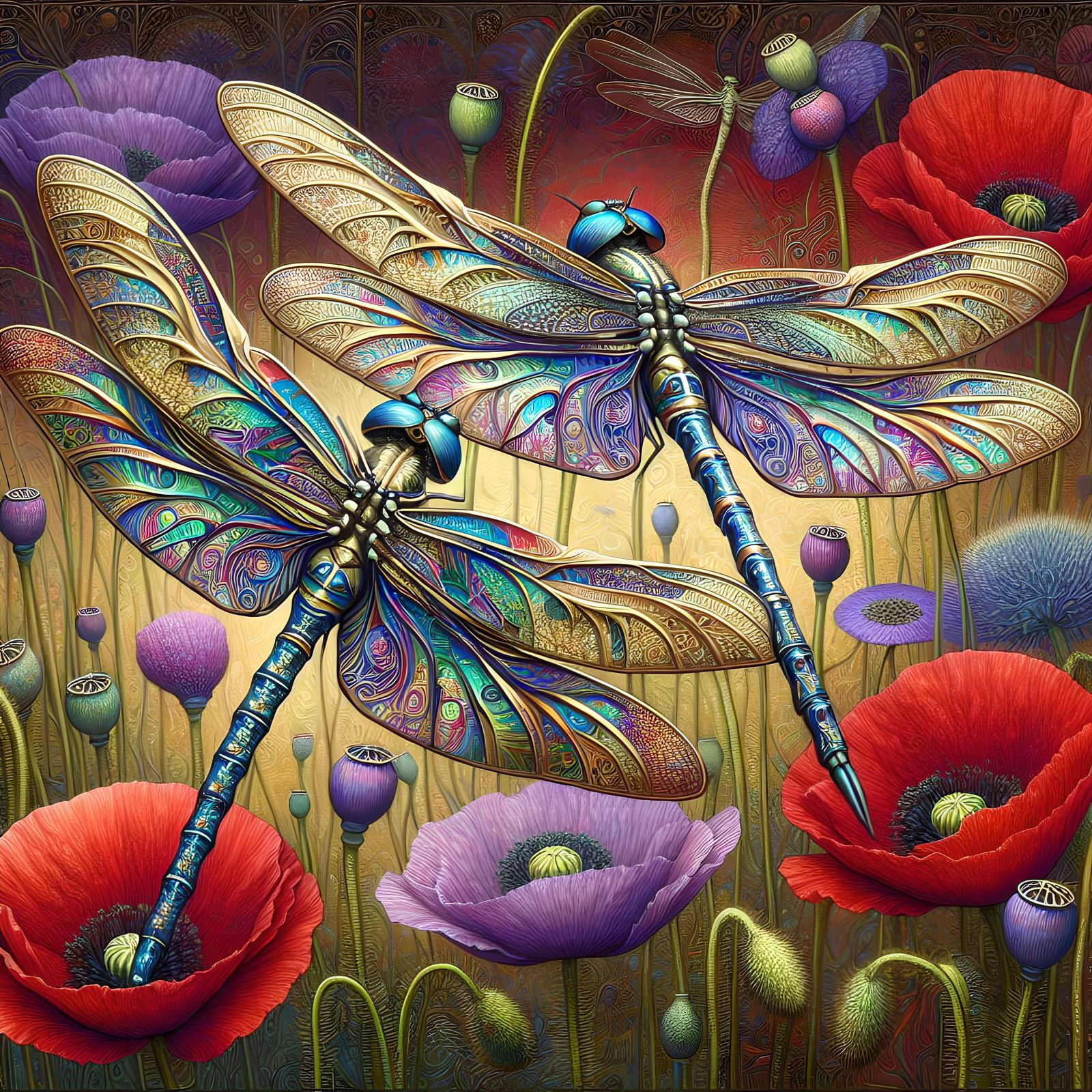 Golden Dragonflies Soaring Above Poppy Field