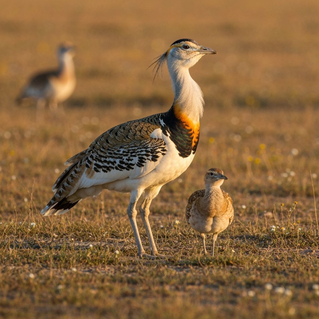 Male and Female Great Bustard Birds in Sunlit Steppe