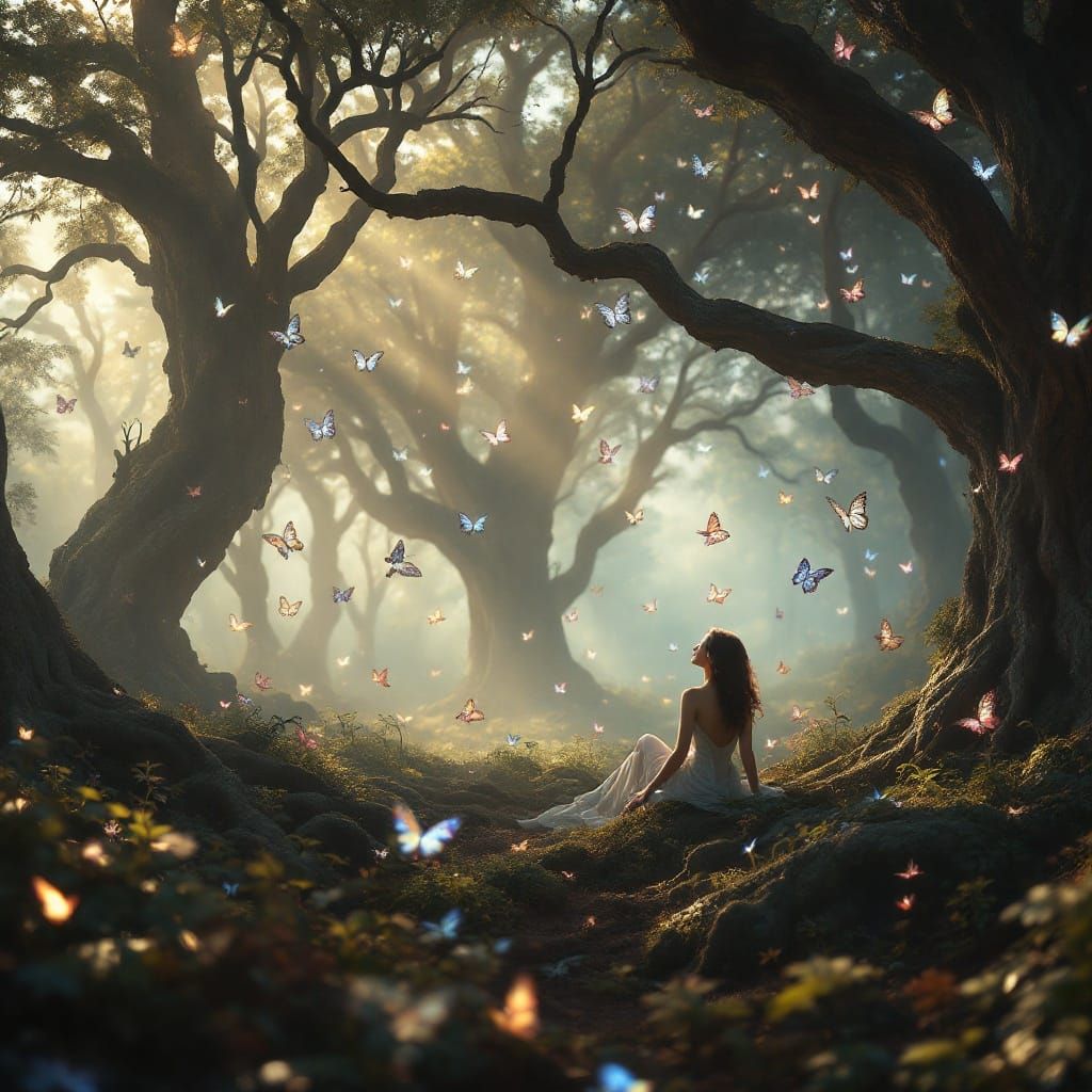 Fantasy Figure Basks in Butterfly Sky