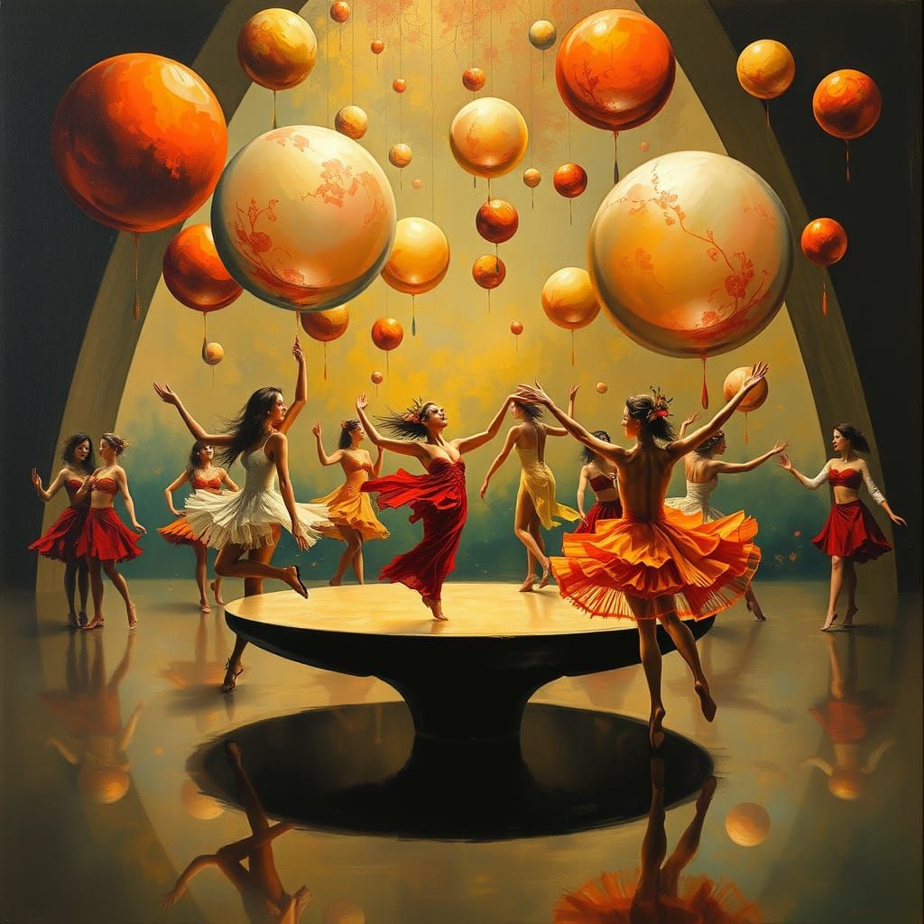 Surreal Party of Hybrid Dancers in Vibrant Oil Painting