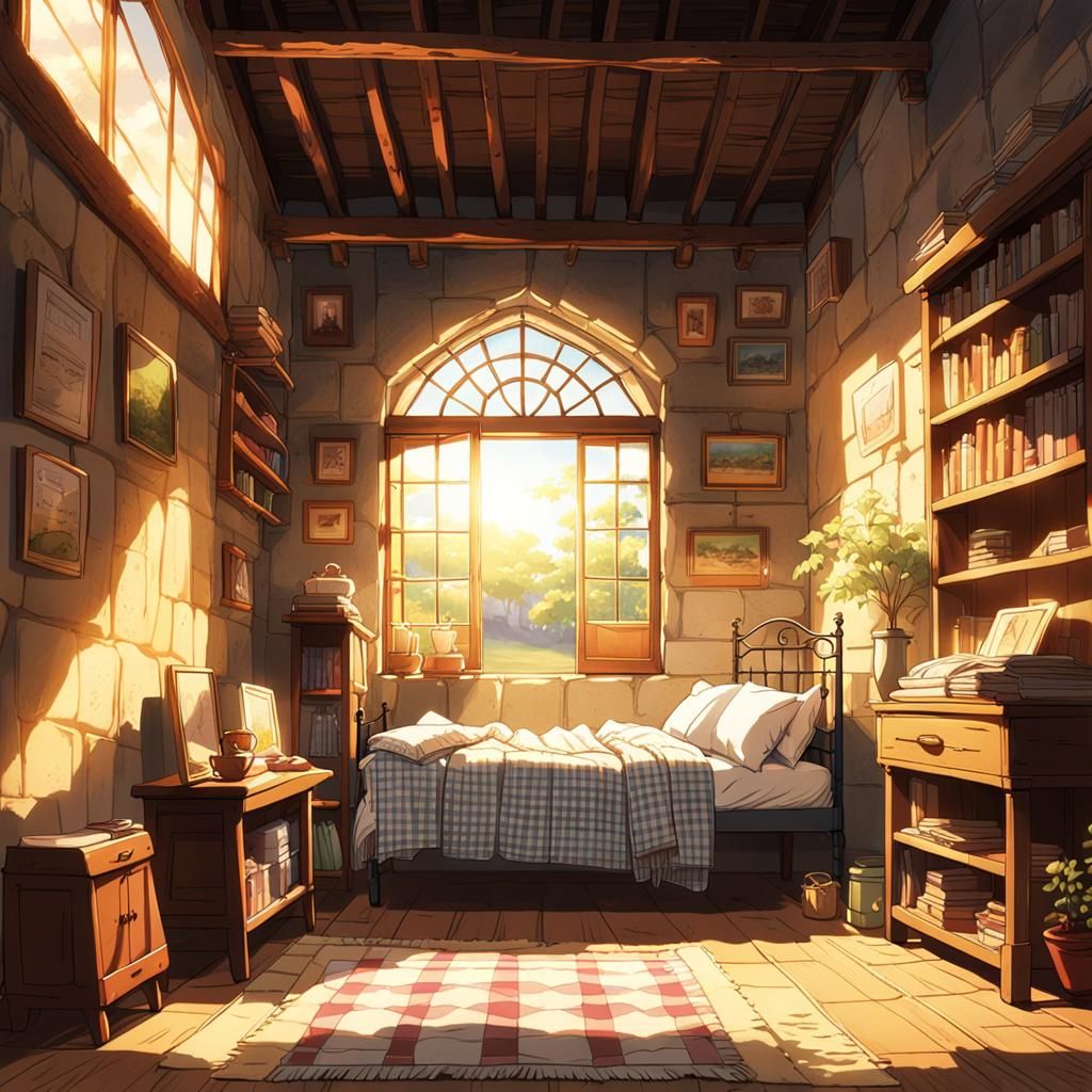 Cozy Anime Cottage Interior in Autumn Sunlight