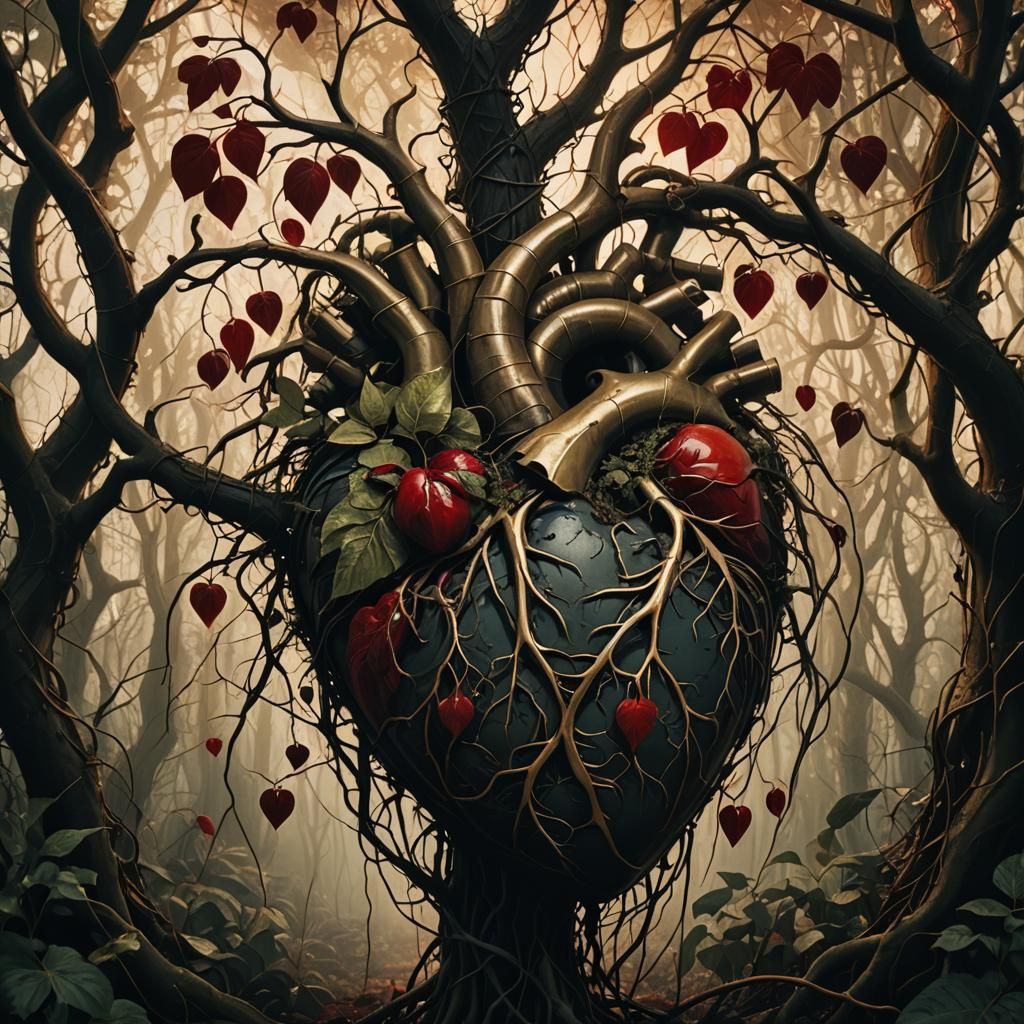 Surreal Botanical Heart in Mystical Forest