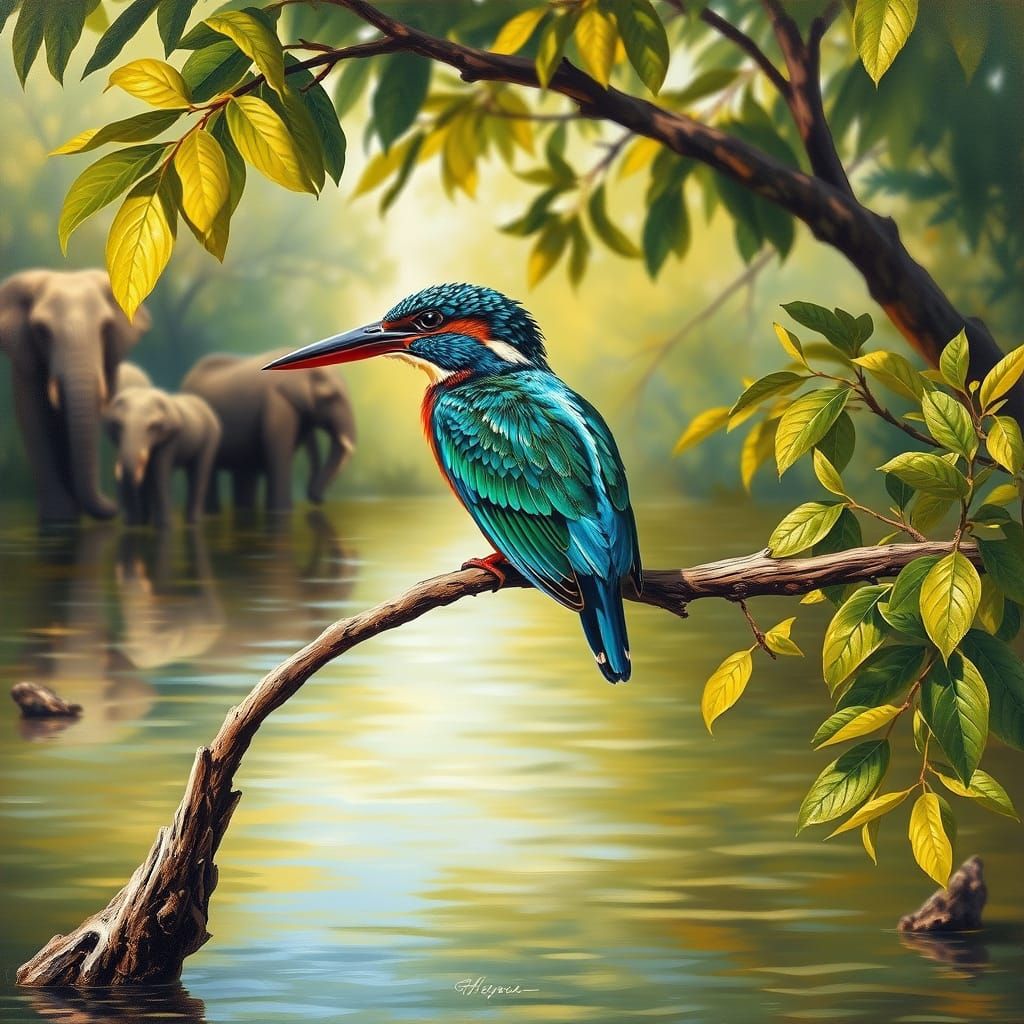 Malachite Kingfisher in Oil Painting Style