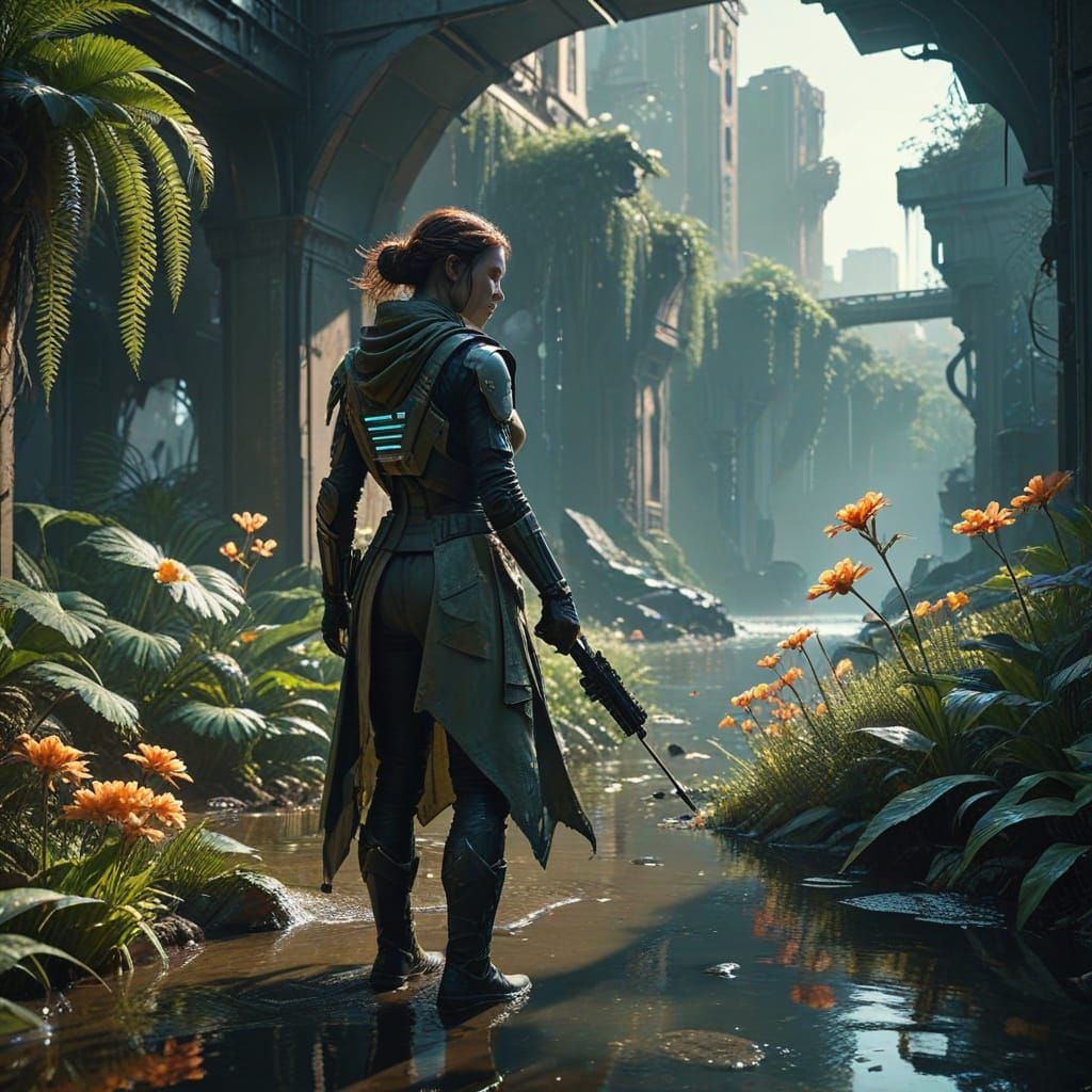 Hopeful Oasis in Ruined Cyberpunk City