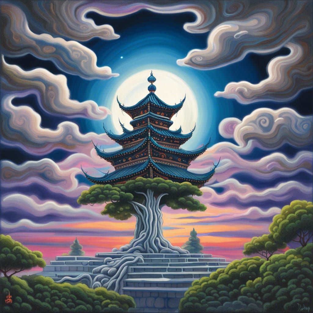 Tree and Moon Painting in Chinese Style