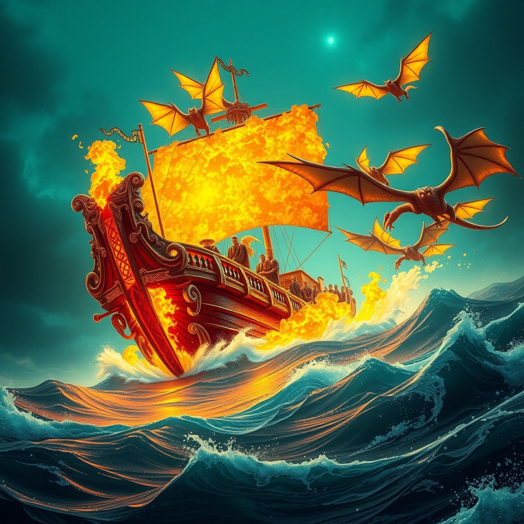 Fiery Ship Sails Fluorescent Sea in Anime Style