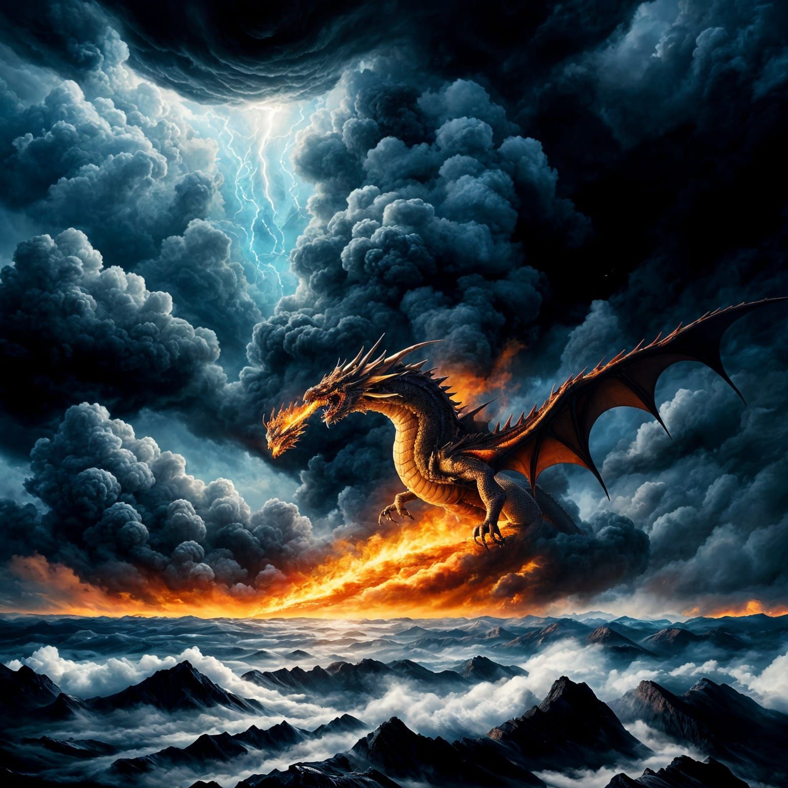 Mystical Fire Dragon Emerges from Whirling Clouds