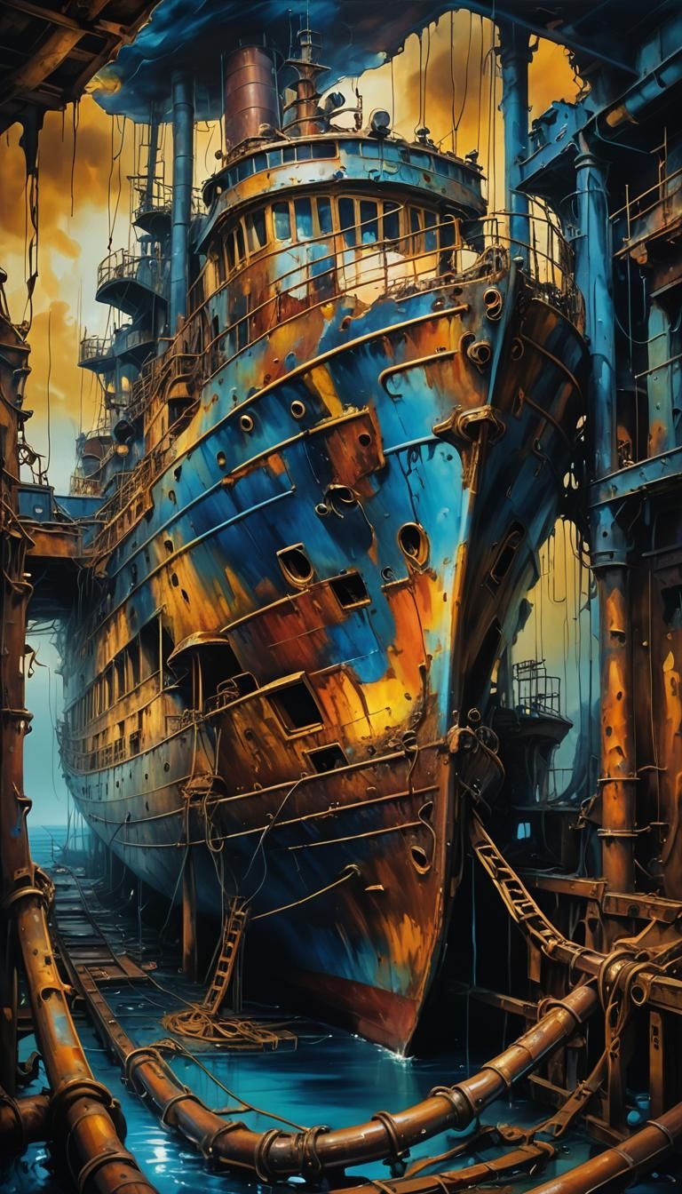 Surreal Abandoned Ship Interior in Oil Painting Style