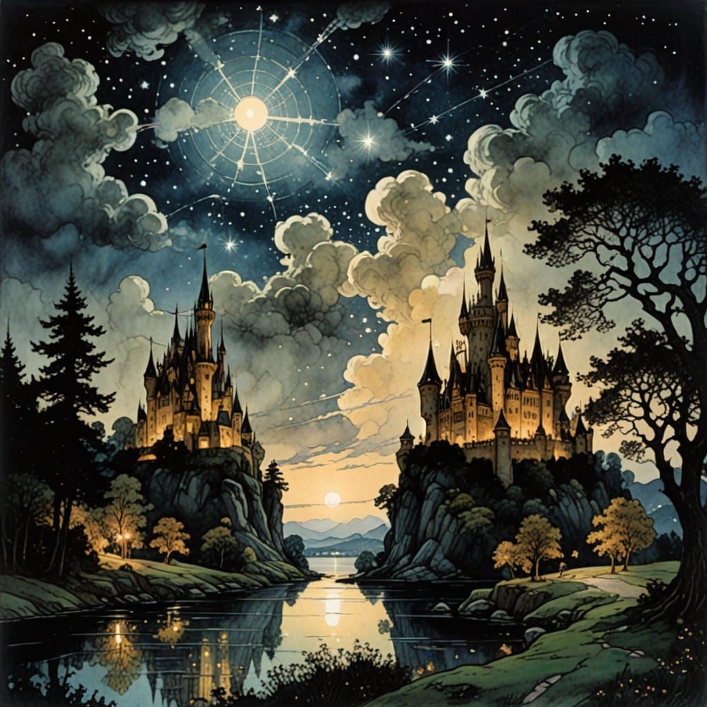 Whimsical Castle Shines Under Starry Night Sky