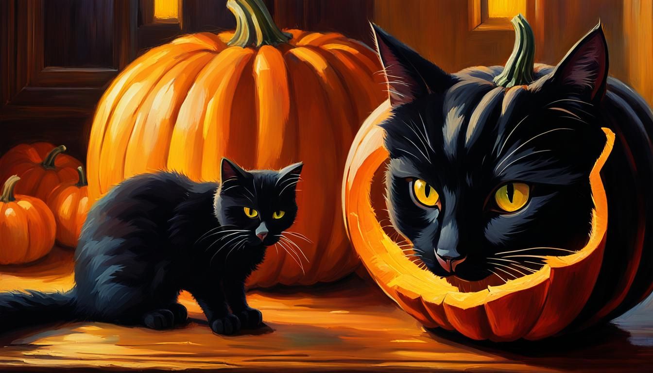 Black Cat Carving Pumpkin in Impressionist Style