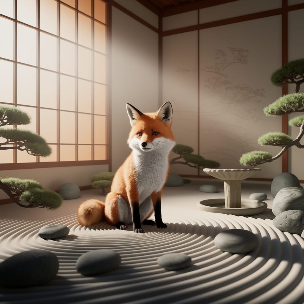Fox Contemplates Serenity in Minimalist Zen Garden