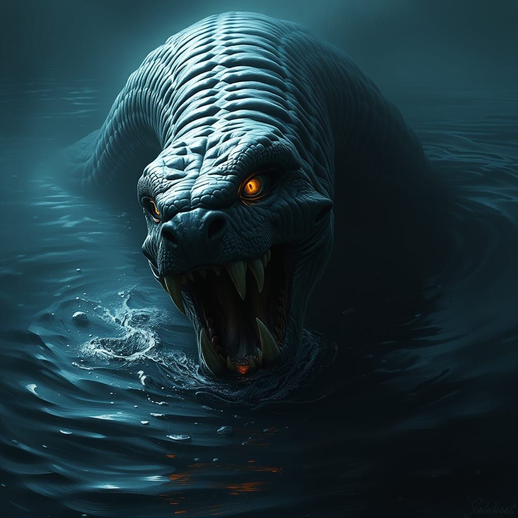 Menacing Loch Ness Monster with Glowing Eyes