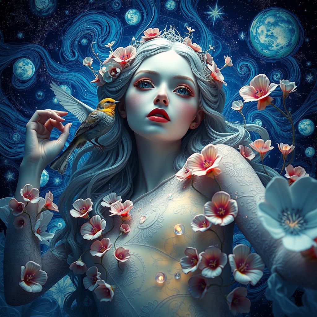 Surreal Starry Night with Dancing Wraiths in Fairytale Style