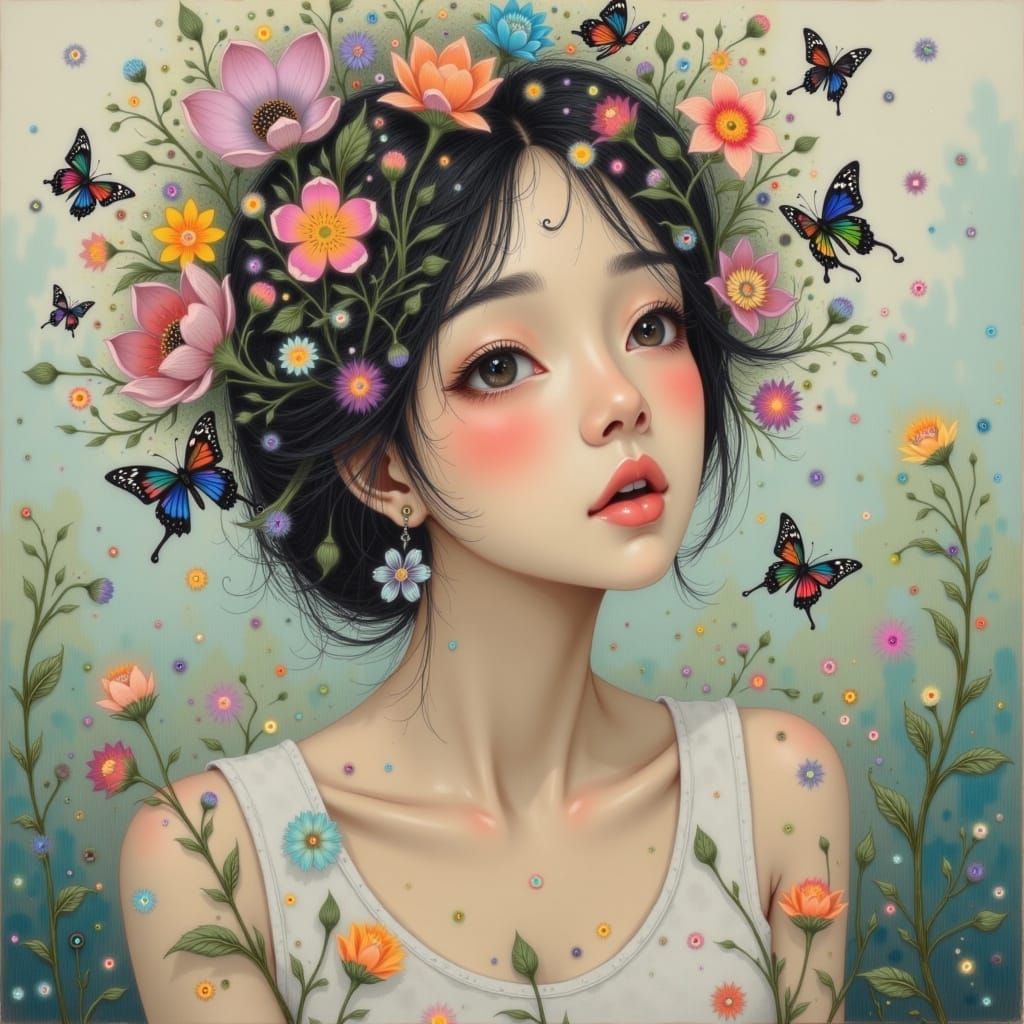 Woman with Butterflies: An Impressionistic Oil Painting