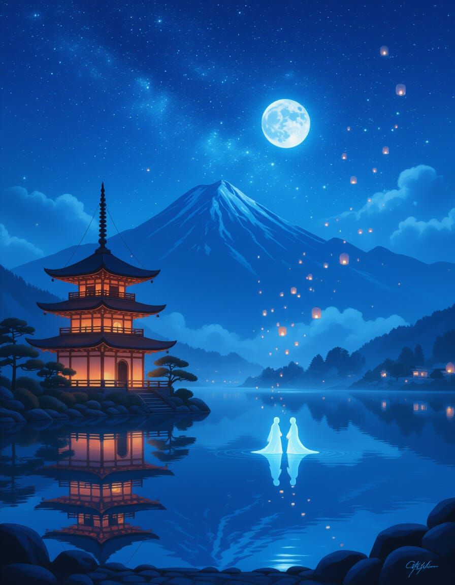 Glowing Pagoda by Starry Lake with Floating Lanterns