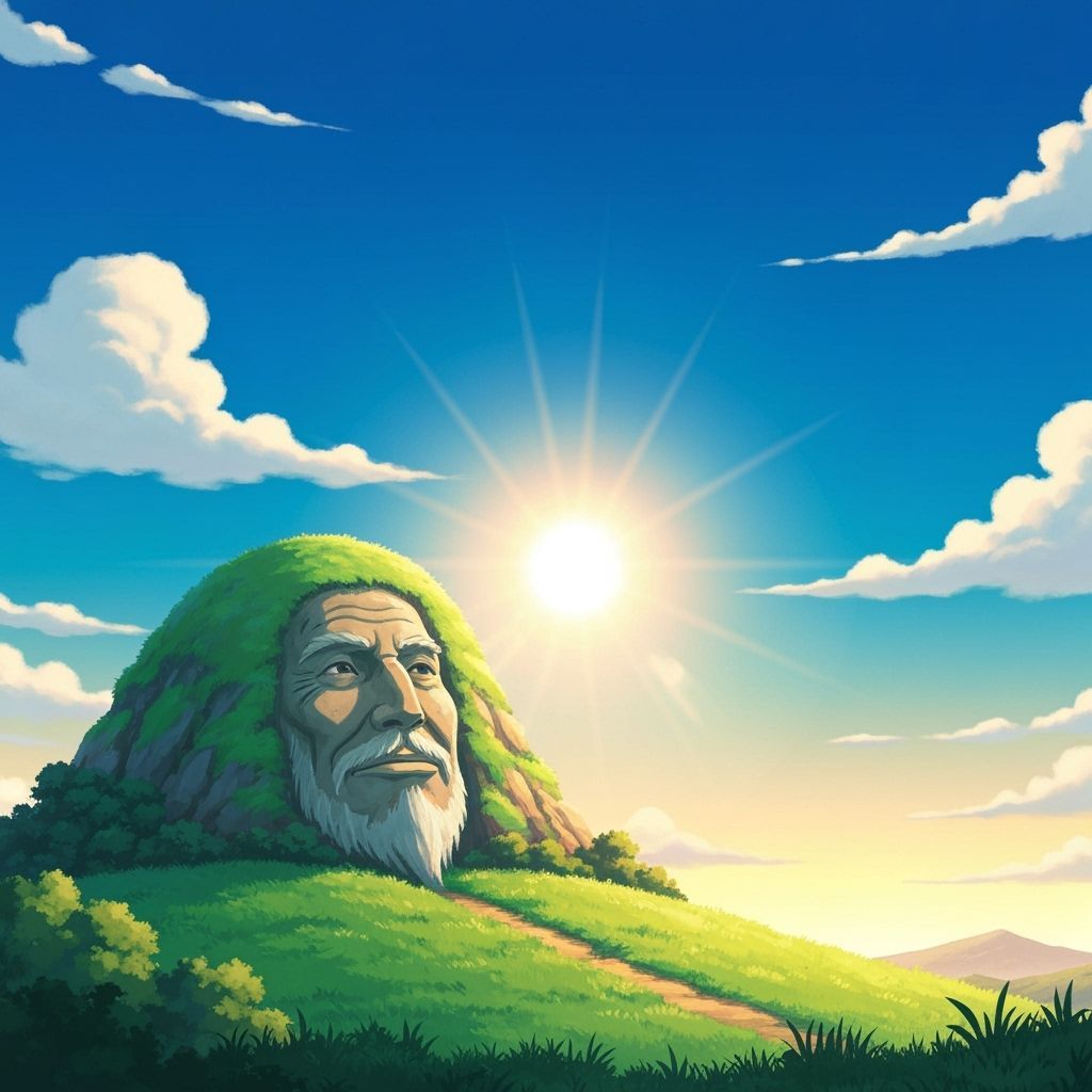 Hill Face Gazes at Radiant Sun in Cerulean Sky