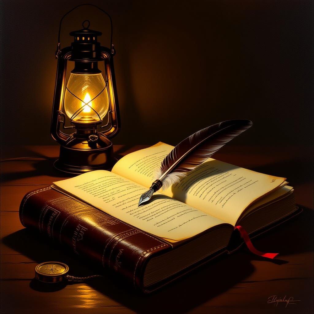 Journal and Quill Pen Still Life Oil Painting