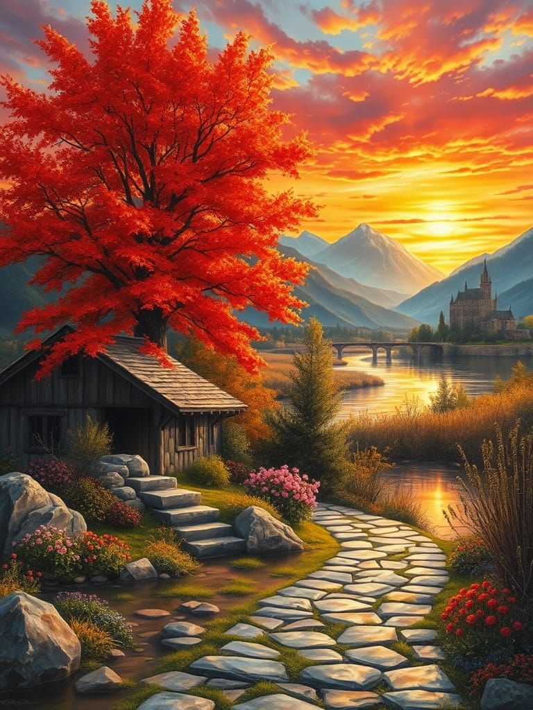 Serene Fall Landscape Oil Painting with Rock Cottage and Maj...