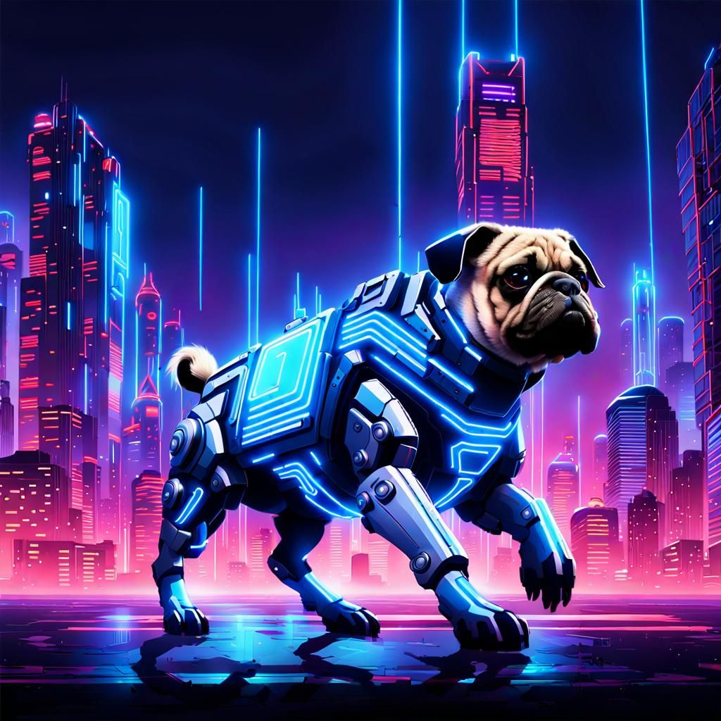 Cyberpunk Centaur Pug Galloping Through Neon Cityscape