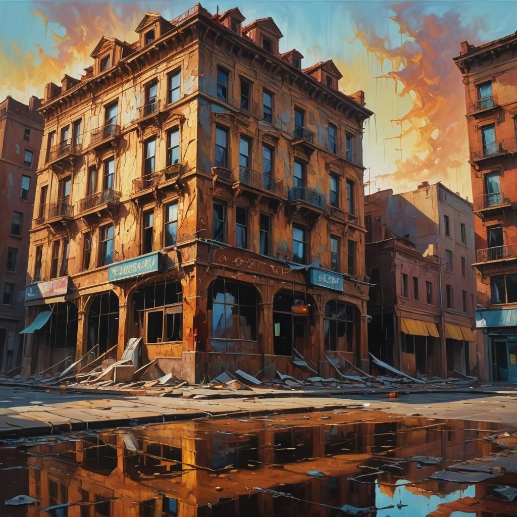 Surreal Dilapidated Hotel in Dreamlike Oil Painting