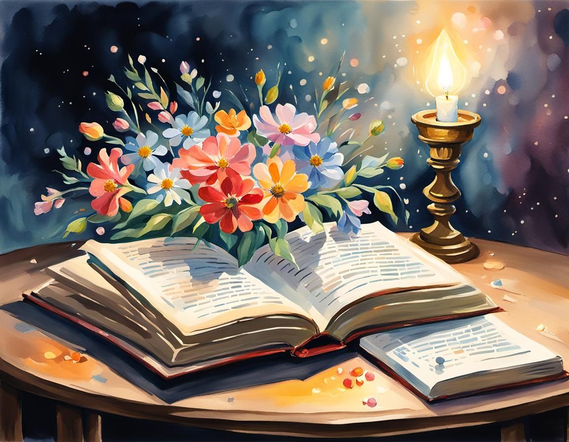 Open Book with Flowers in Magical Realism Style