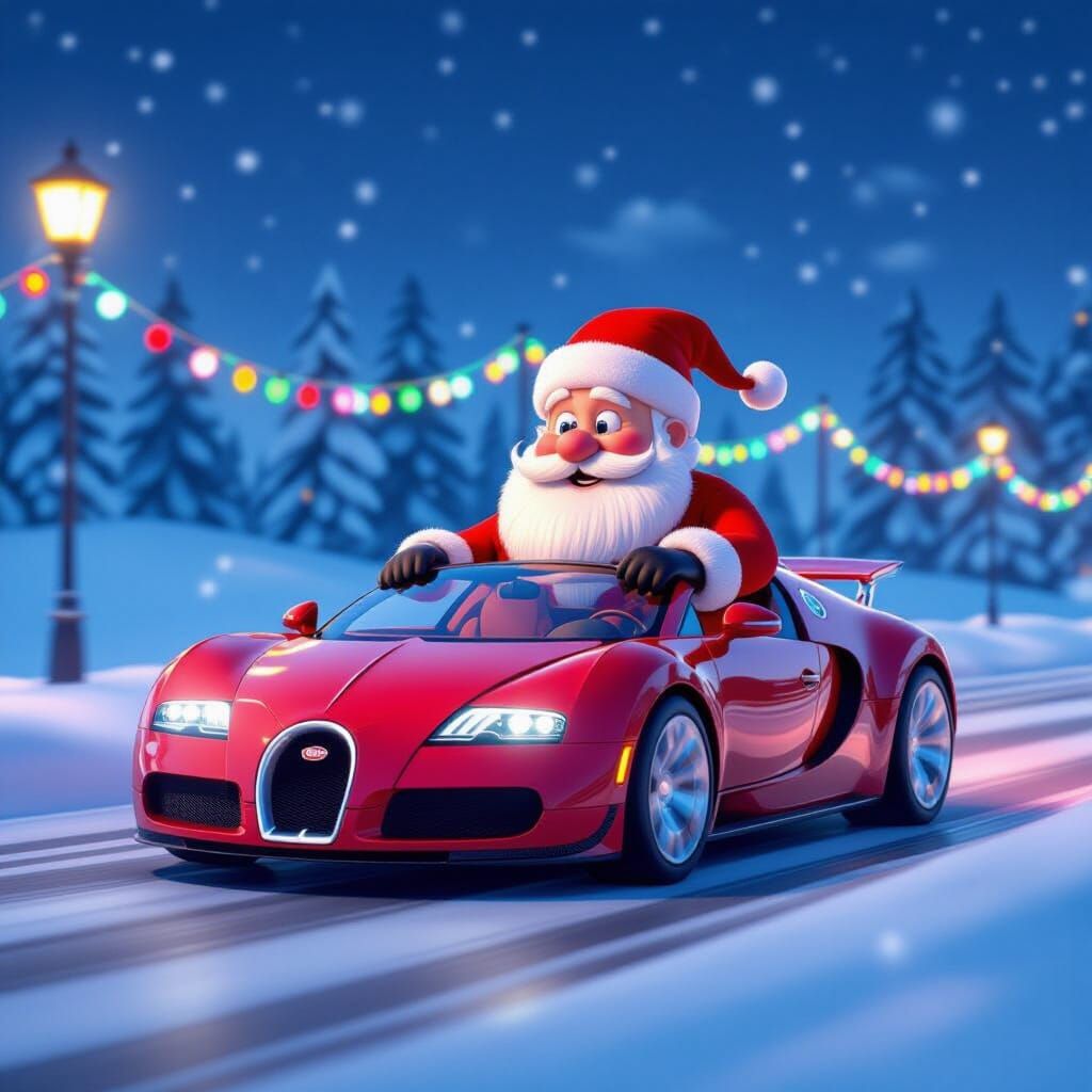 Santa Claus Drives Red Bugatti in Animated Style