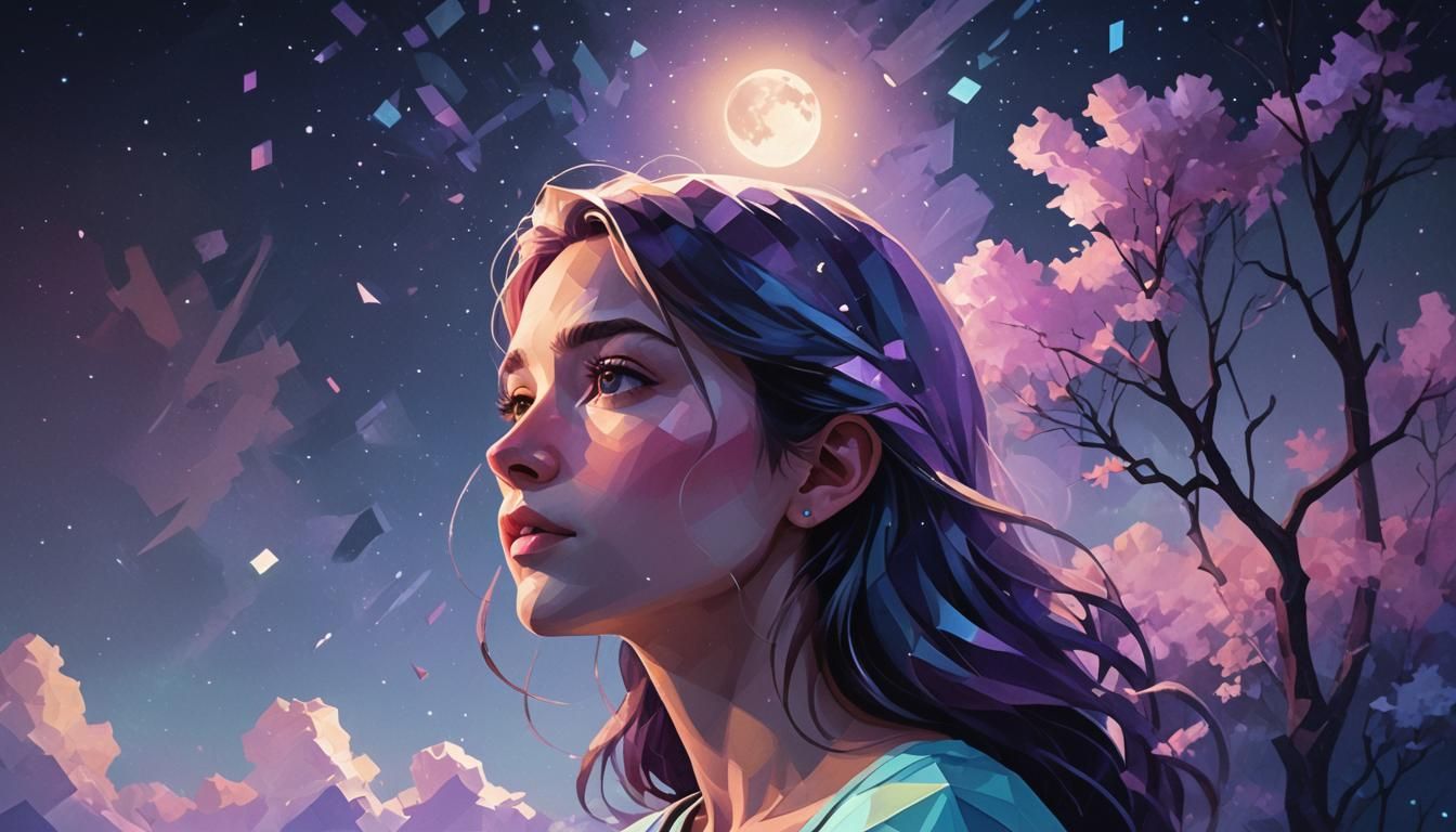 Person Gazing at Square Moon in Low-Poly Art