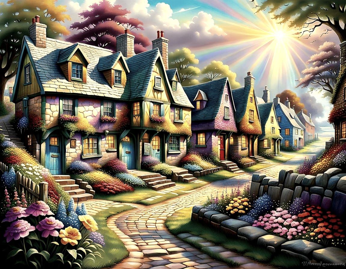 Colorful Cottages and Cobblestone Path in Fantasy Art Style
