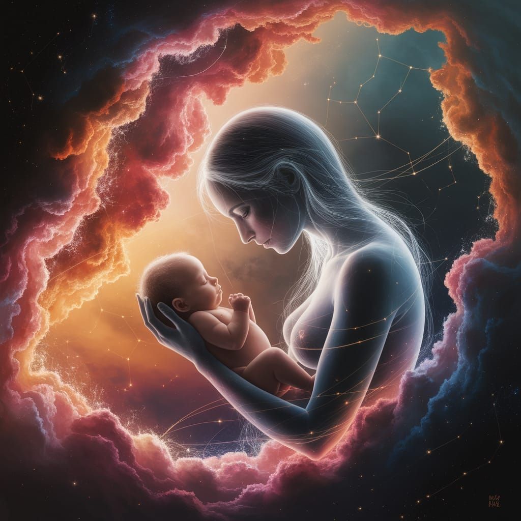 Surreal Cosmic Serenity: Baby in Nebula Embrace