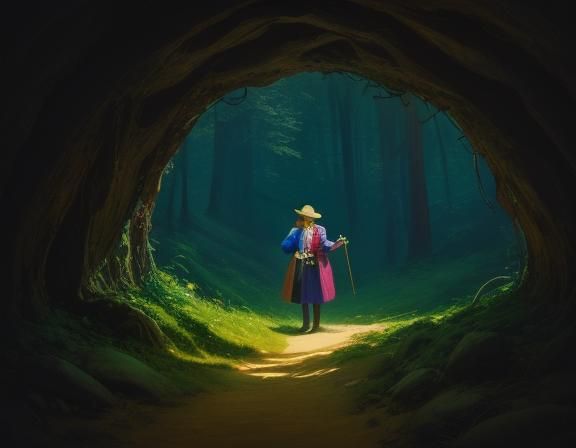 Cave in the forest Eldritch Edward Hopper H.R. Giger Kelly Freas Roger Dean green and magenta yellow and purple fauvism ...