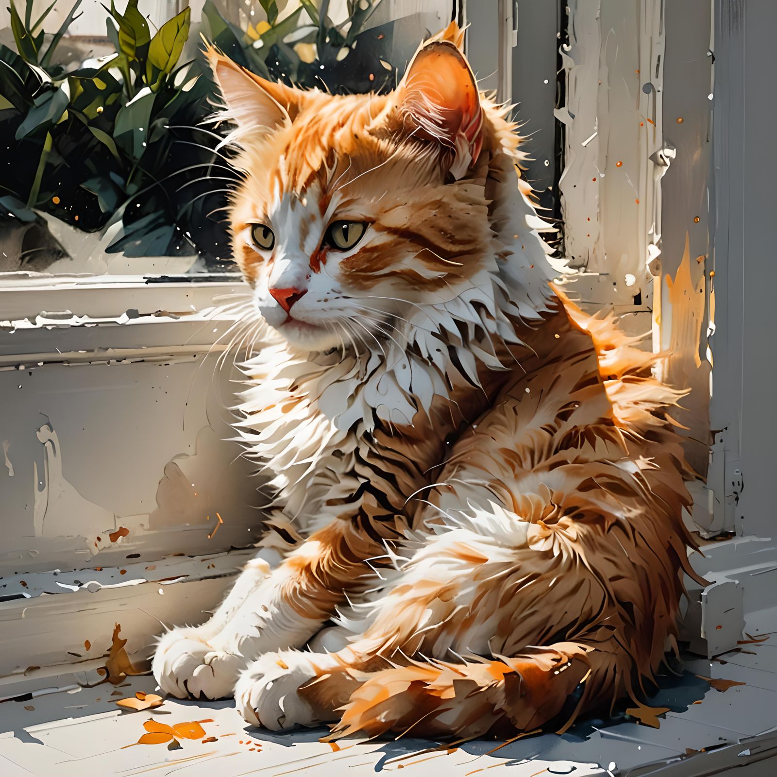 Ginger Kitten Sleeping in Sunlit Expressionist Painting