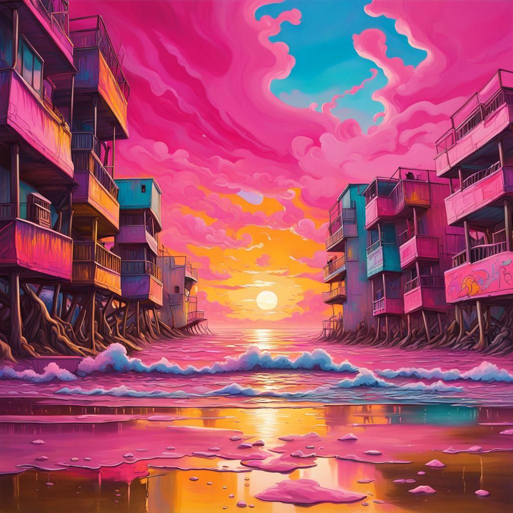 Surreal Sunset with Pink Skies in Graffiti Art Style