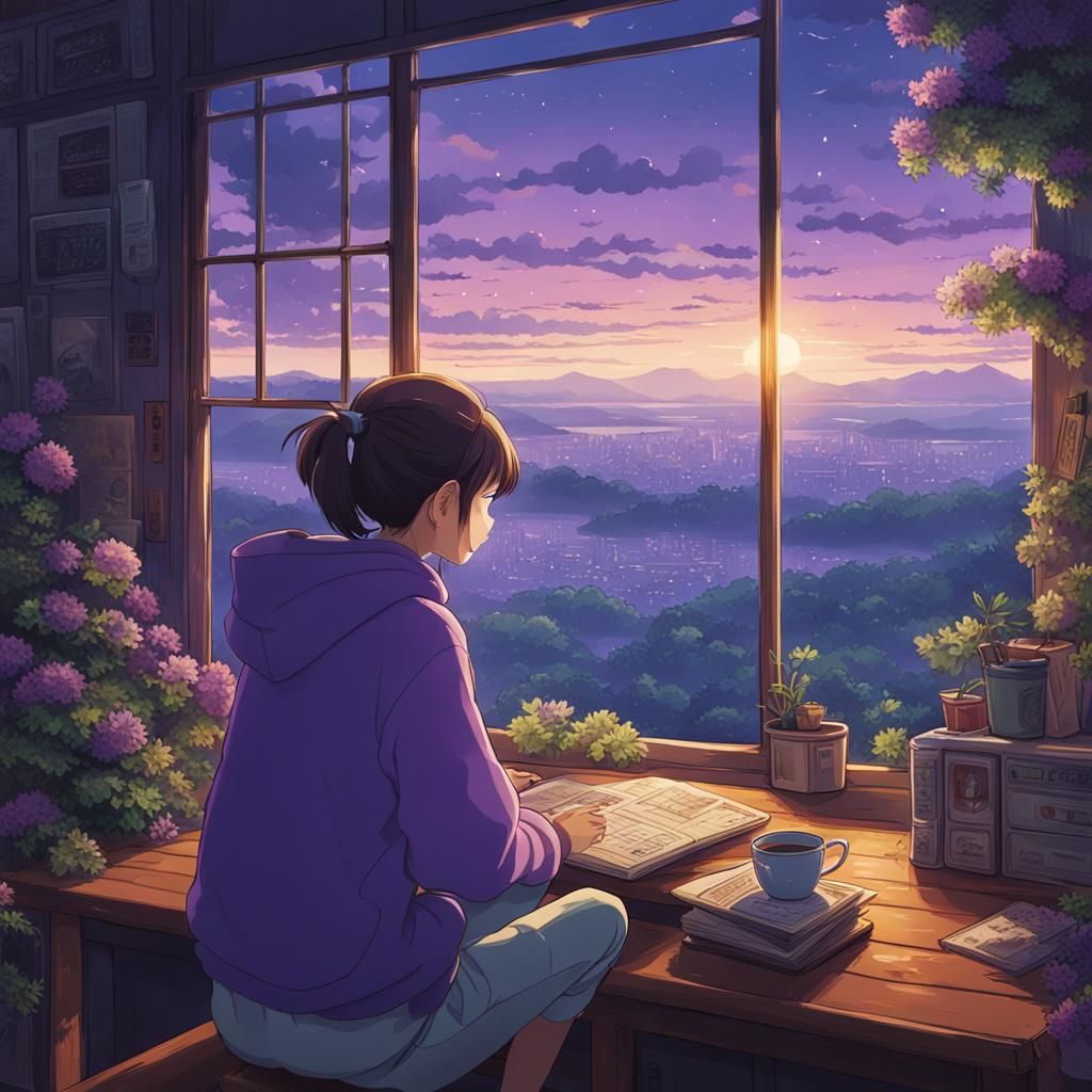 Girl in Hoodie Watching Netflix, Studio Ghibli Style