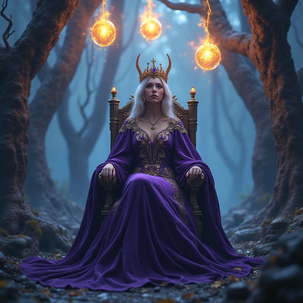 Majestic Queen in Enchanted Realm with Twisted Trees and Glo...