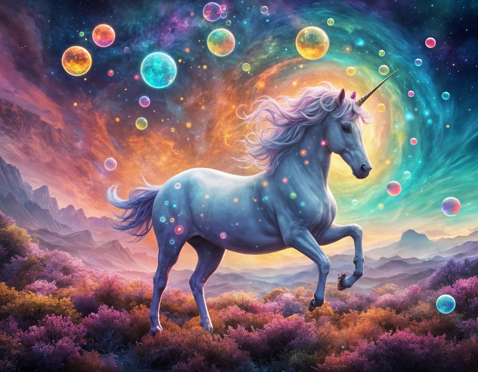 Bioluminescent Bubble Unicorn on Nebula Landscape