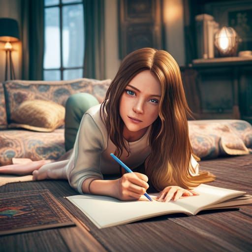 Charming Girl Coloring in Rustic Living Room, 3D Render