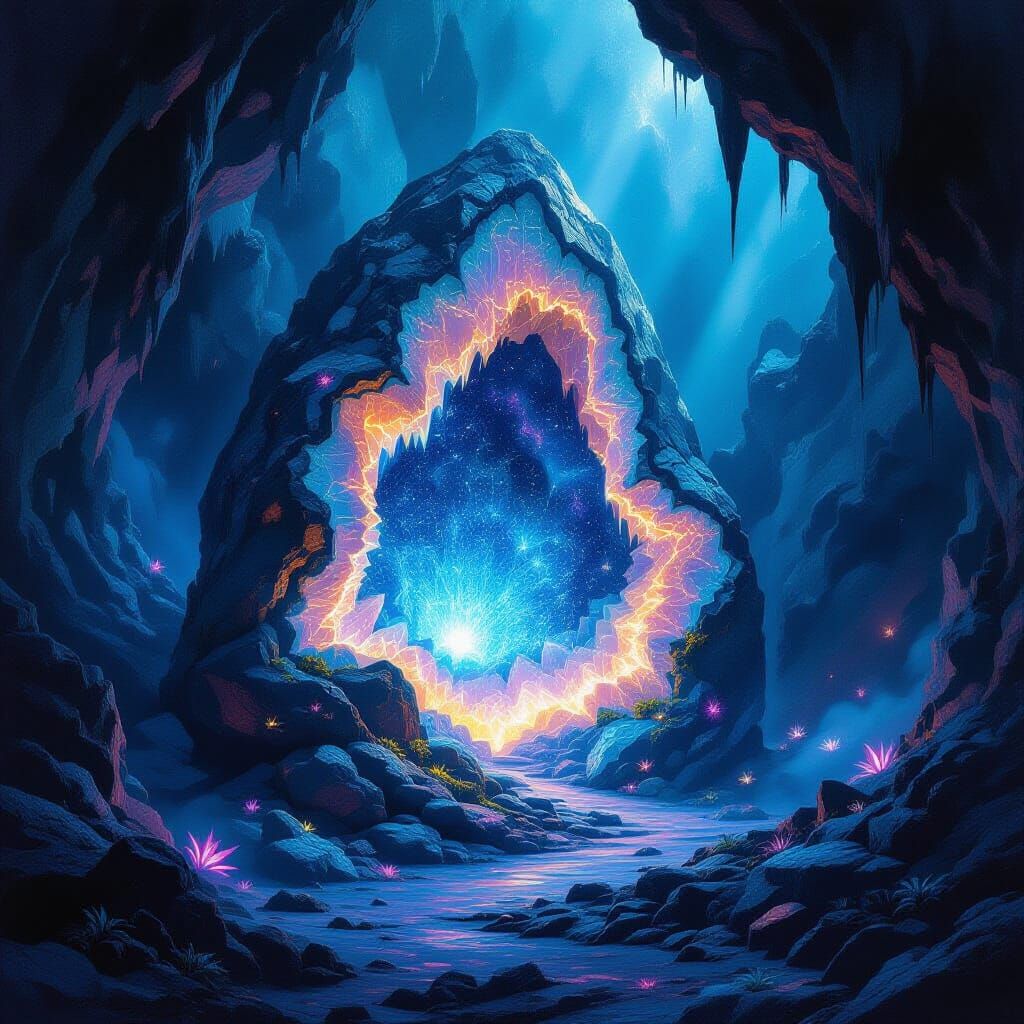 Giant Bioluminescent Geode in Alien Cavern