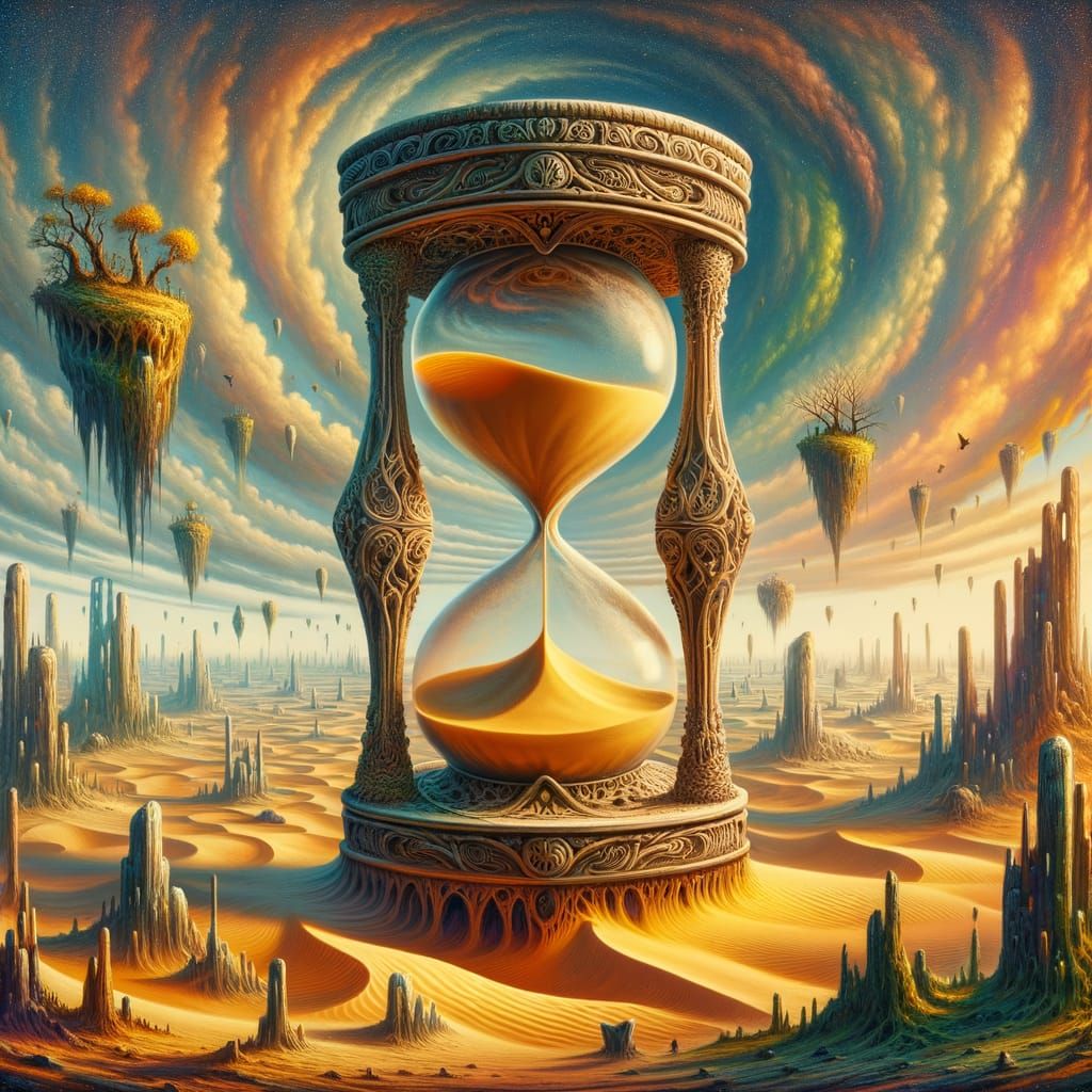 Surreal Hourglass in Dreamlike Landscape