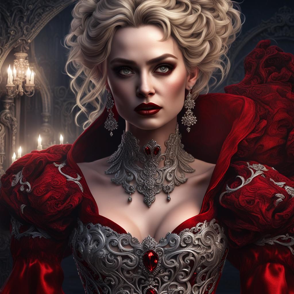Vampire Woman in Scarlet Gown, Hyperrealistic Portrait