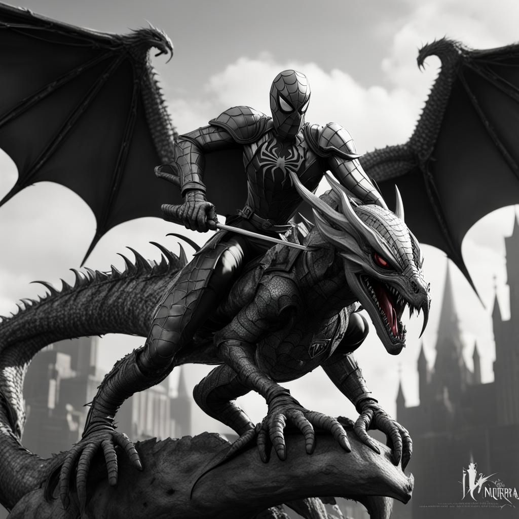 Spider-Man as Knight on Dragon in Black and White