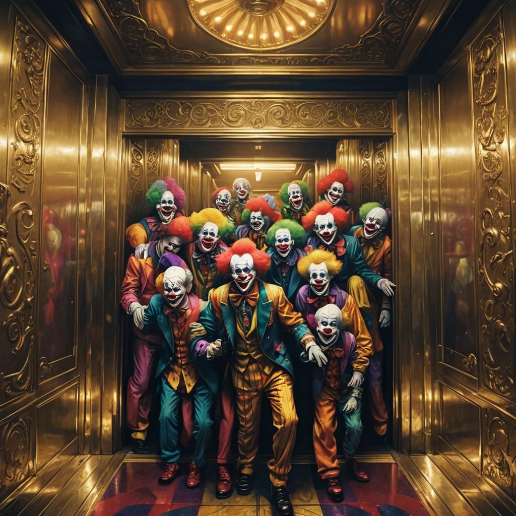 Clowns in Elevator: Vibrant Fantasy Concept Art