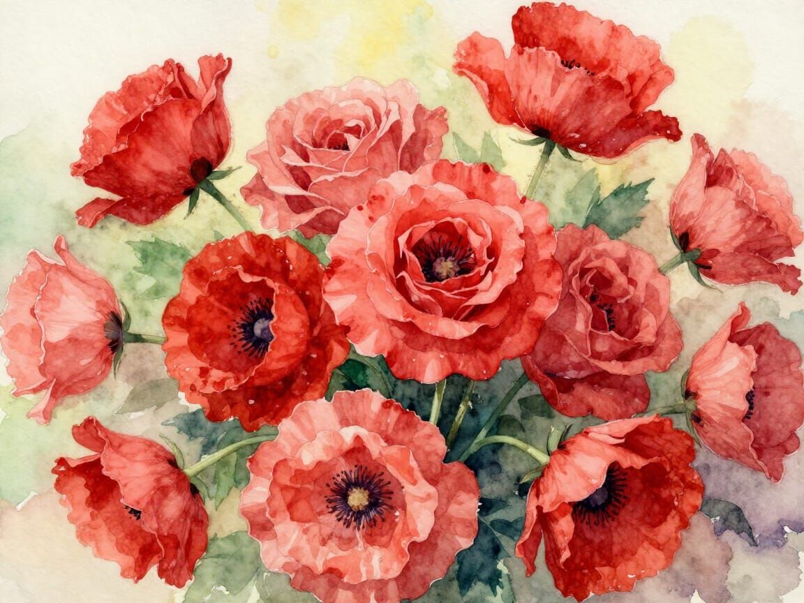 Vibrant Crimson Floral Watercolor Masterpiece