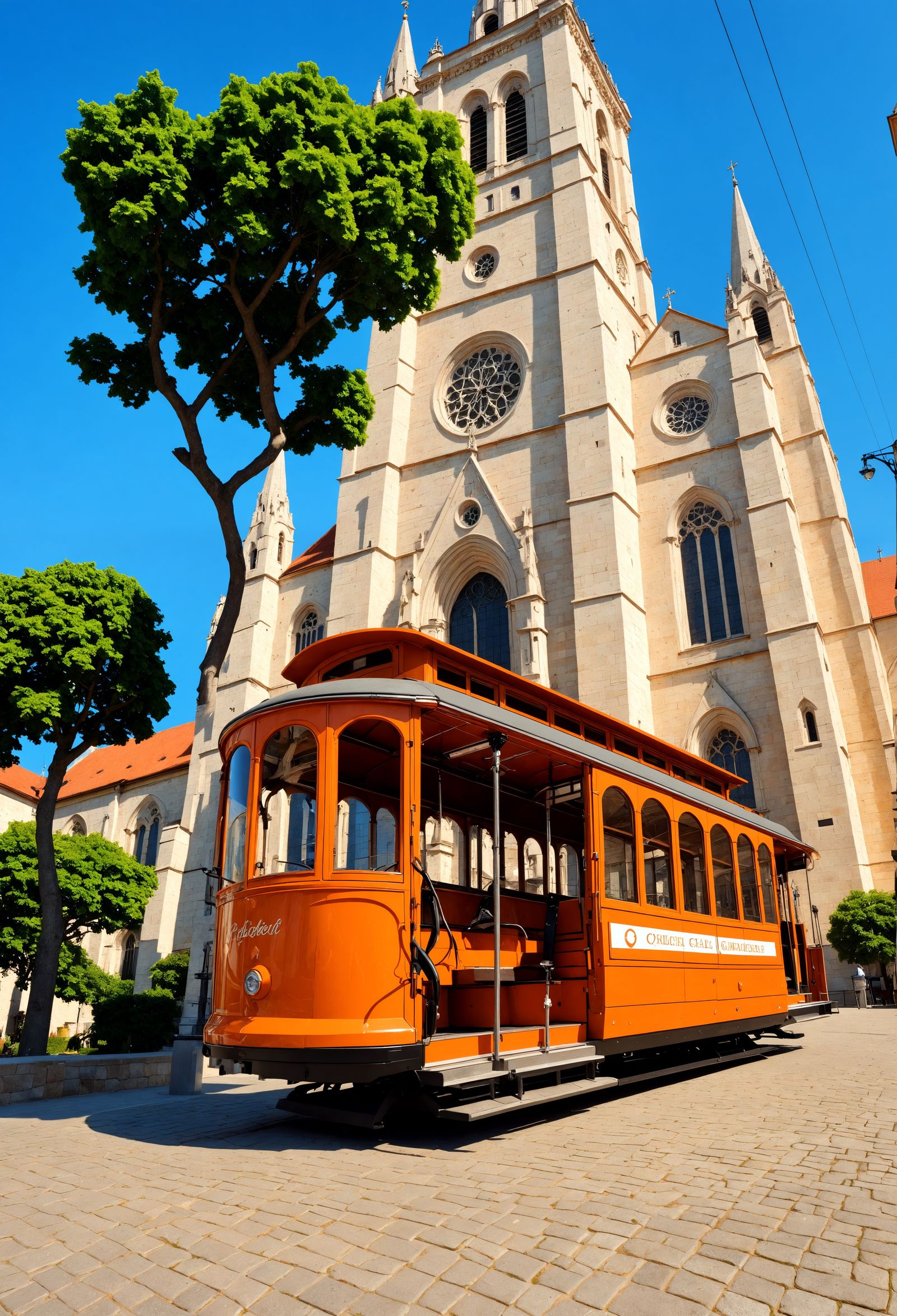 Orange Cable Car and Stone Cathedral, HDR